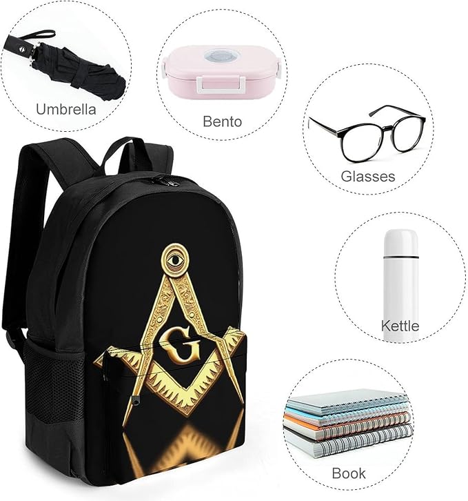 Polyester Daypack Backpack for Sports Travel Running, Big Capacity Anti-Theft Multipurpose Carry On Bag, Gold Freemason Freemasonry Masonic Laptop Book Bag Rucksack