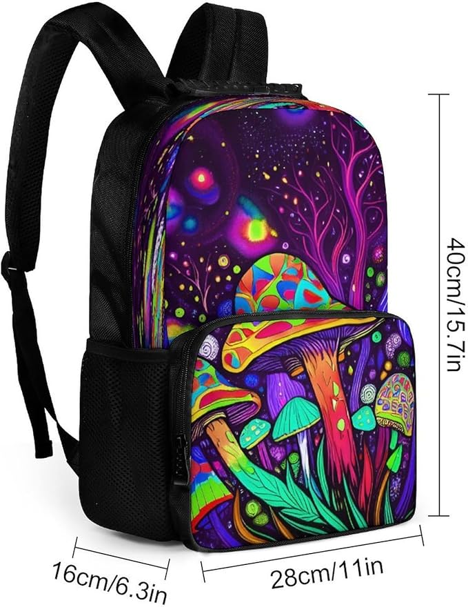 Polyester Daypack Backpack for Sports Travel Running, Big Capacity Anti-Theft Multipurpose Carry On Bag, Psychedelic Magic Mushrooms Trippy Art Laptop Book Bag Rucksack