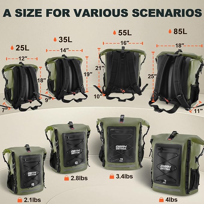 Waterproof Backpack Dry Bag 25L/35L/55L/85L – Heavy Duty Roll-Top Hiking Backpack Sack Keeps Gear Dry for Travel, Kayaking, Boating, Camping, Rafting and Fishing