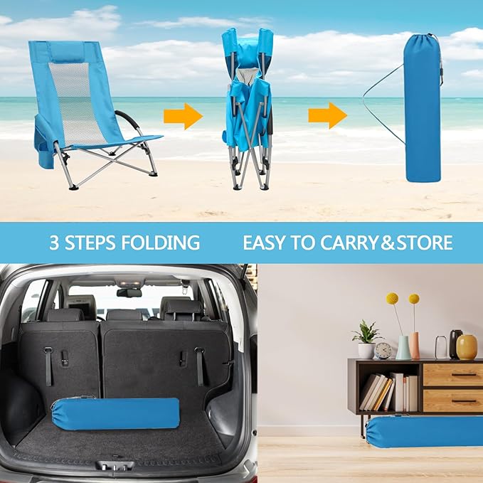 High Back Beach Chairs,2Pack Protable Folding Chair for Adults,Foding Camping Chairs with Carry Bag Cup Holder for Beach,Fishing Outside（Bue）