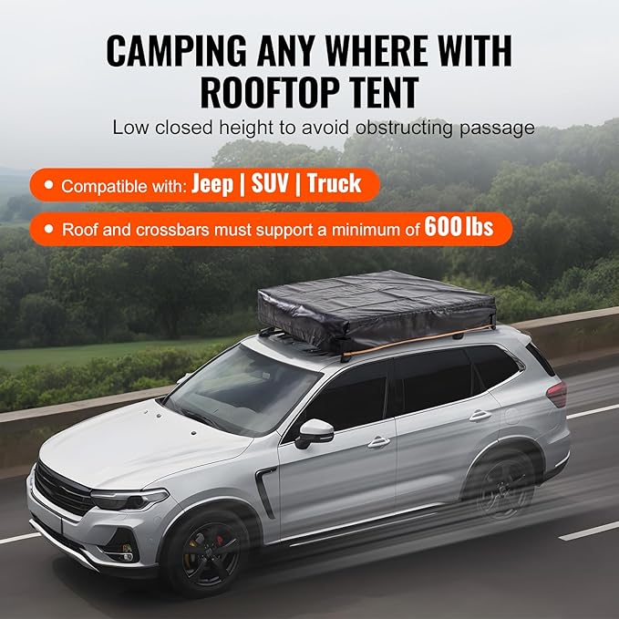 VEVOR Rooftop Tent Hard Shell, 2-3 Person Aluminum Roof Top Tent Hardshell with Tri-Color LED Light, Thick Mattress & 1 Window, Waterproof Windproof Overland Camping Car Roof Rack for Jeep SUV Pickup