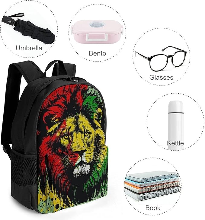 Adults Lightweight Rasta Flag Black Paint Splatter Lion Rucksacks Large Capacity Bookbag With Adjustable Shoulder Straps for Trekking Outdoors Bicycle