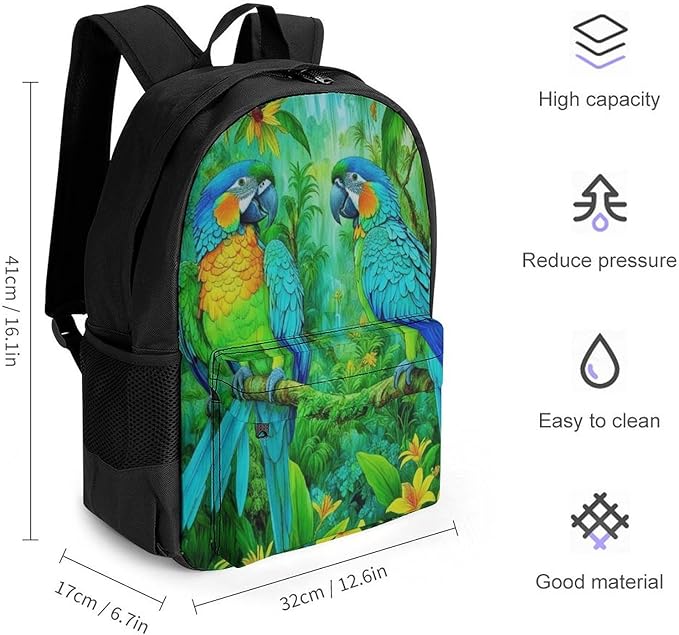 Supdreamc Polyester Daypack Backpack for Sports Travel Running, Big Capacity Anti-Theft Multipurpose Carry On Bag, Parrots Spirit Art Laptop Book Bag Rucksack