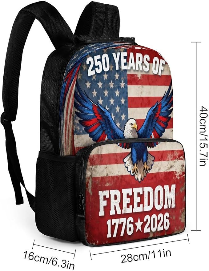 Men Women Polyester 250th Anniversary 1776-2026 Patriotic Eagle Art Daypack Bookbag Big Capacity Shoulder Bag With Padded Straps for Climbing Travel Walking Cycling