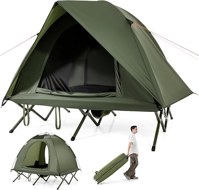 GYMAX 2-Person Tent Cot, 3 in 1 Folding Off-Ground Cot Bed Combo with Portable Wheeled Bag, Waterproof Rainfly, 2 Mesh Doors & Skylight Roof for Hiking, Backpacking, Outdoor