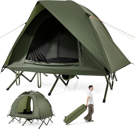 GYMAX 2-Person Tent Cot, 3 in 1 Folding Off-Ground Cot Bed Combo with Portable Wheeled Bag, Waterproof Rainfly, 2 Mesh Doors & Skylight Roof for Hiking, Backpacking, Outdoor