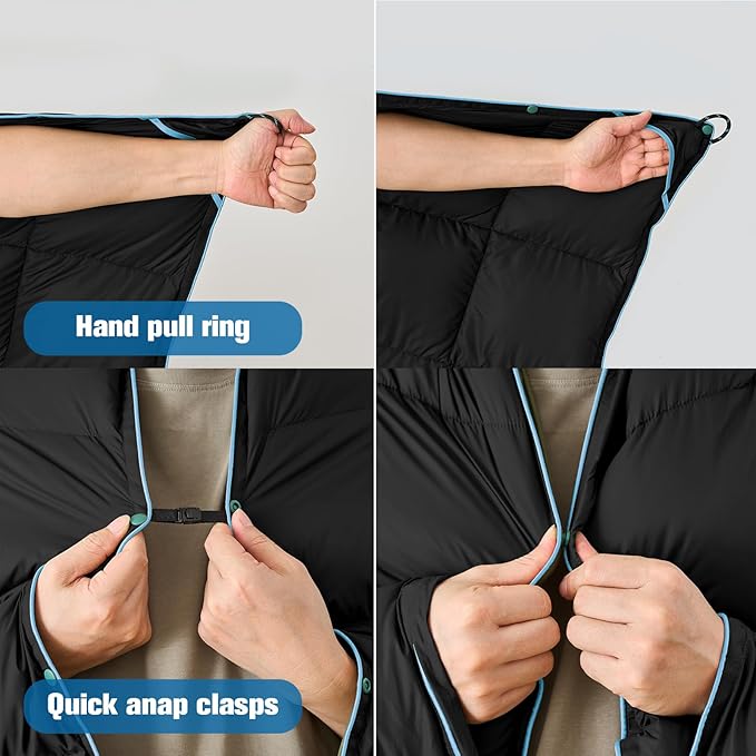 Down Camping Blanket - Black, 1lb 6oz / 77 * 52'' Lightweight Packable Warm Puffy Travel Quilt with Footbox, 650 Fill Power Outdoor Blankets for Hiking, Travel, Hammock & Stadium Down Quilt