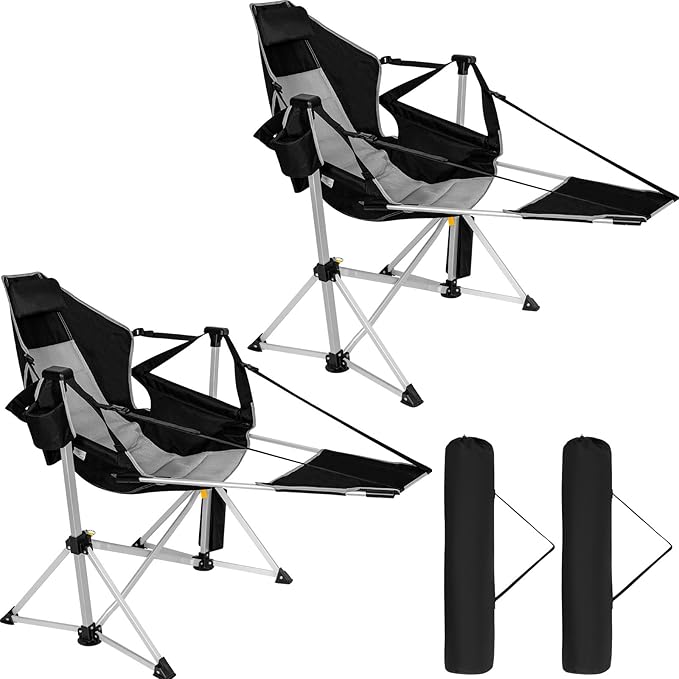 Romswi 2Pk Aluminum Hammock Camping Chair with Footrest, Oversized Portable Swinging Chair with Adjustable Back & Seat, Lightweight Folding Rocking Camp Chair Supports 440lbs for Outdoor, Patio Black