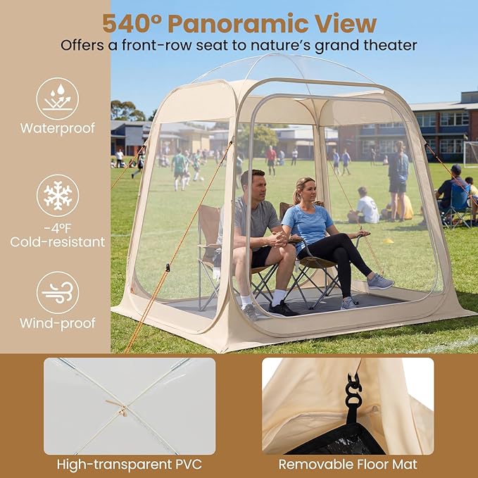 Goplus All Weather Pod Sports Tent for 2-4 People, 7 x 7 FT Easy Setup Clear Bubble Tent with Floor Mat, Camping Sun Shelter, Outdoor Screen House with Carrying Bag (7 x 7 x 6.4 ft（2-4 People）)