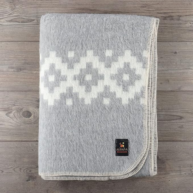 Thick Alpaca Wool Blanket Heavyweight Camping Outdoors Indoors Soft Peru Queen Size Ethnic Design (Soft Gray/Ivory 2, Queen Size)