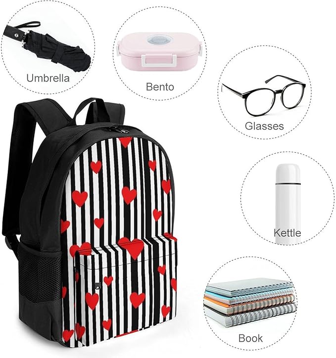 Daypack Lightweight Multipurpose Anti-Theft Black And White Stripes Hearts Shoulder Bag Large Capacity Laptop Book Bag Rucksack With Adjustable Shoulder Straps