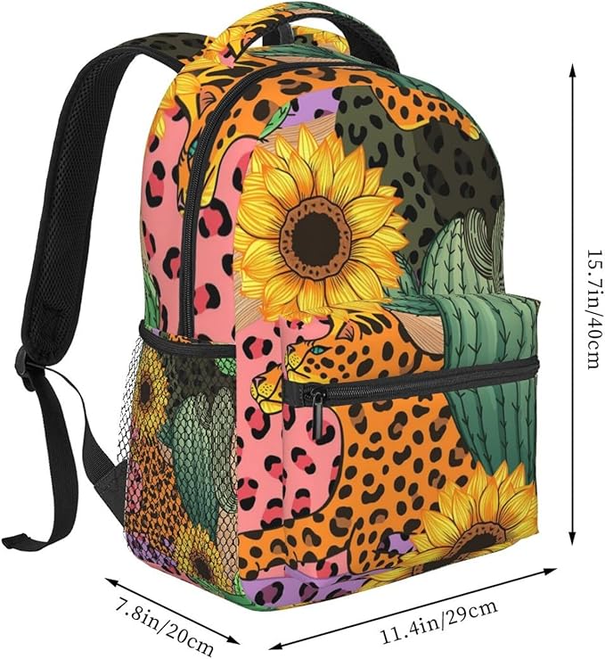 Polyester Daypack Backpack for Trekking Picnic Walking Cycling, Large Capacity Anti-Theft Multipurpose Shoulder Bag, 90S Sunflower Leopard Cactus Casual Daypack