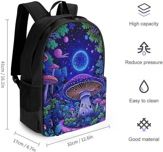 Supdreamc Backpack Polyester Anti-Theft Multipurpose Magic Mushroom Neon Purple Pattern Bookbag Large Capacity Laptop Book Bag Rucksack With Side Pockets