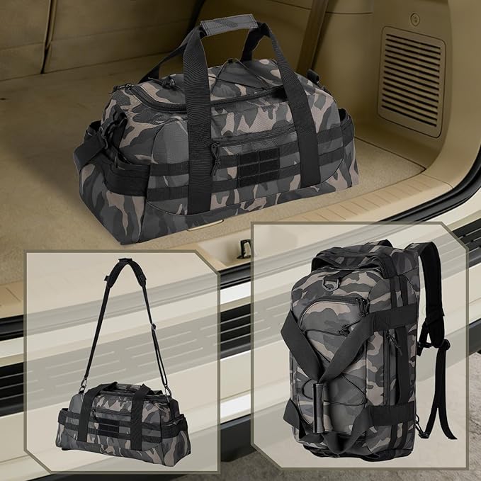 35L Large Duffle Bag, 3-in-1 Tactical Backpack MOLLE Pack for Sports/Gym/Outdoor, Black Camo