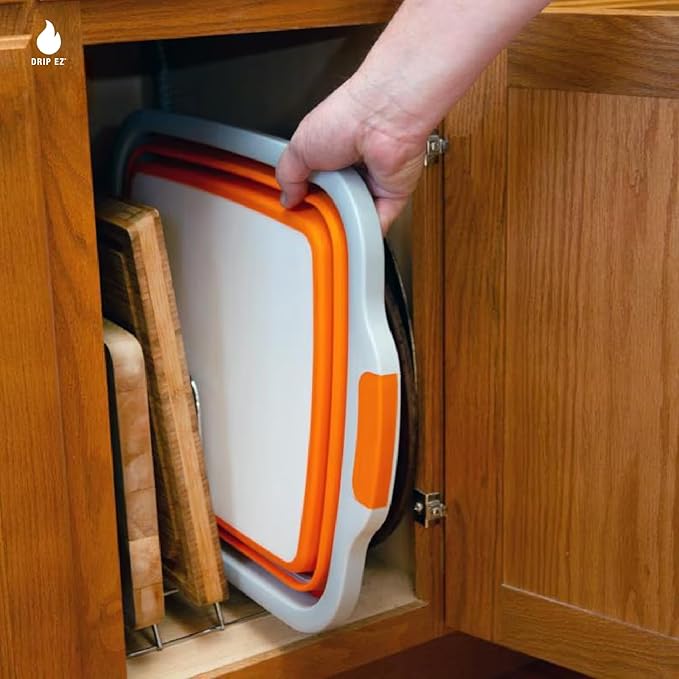 Drip EZ Collapsible BBQ Prep Tubs 2-Piece Set- For Meal Prep Marinating Food Storage - Includes Cutting Board & Lid - (2) XL - Orange