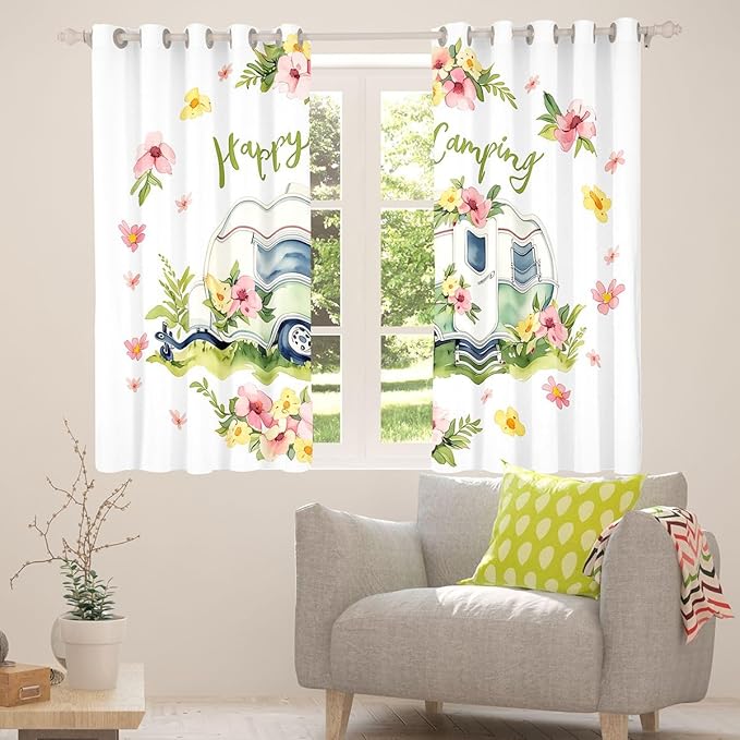 Erosebridal Happy Camping Camper Window Curtains 38" Wx45 L Flowers Rv Trailer Blackout Curtains for Bedroom Living Room,Outdoor Adventure Window Treatments Romantic Floral Drapes Decor 2 Panels