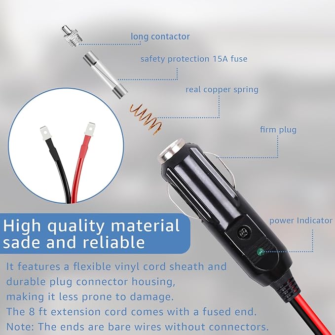 12V/24V Thermoelectric Cooler Power Cord Compatible with Coleman Electric Cooler Adapter 8 Feet Cooler Cord w/Fuse Plug-in Car Cooler Power