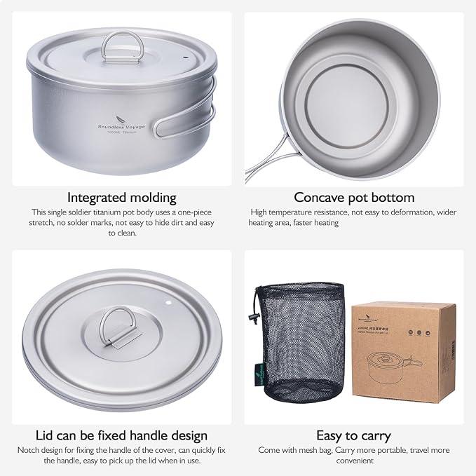 Boundless Voyage Titanium Pot Multifunctional Cooker Ultralight Camping Pot with Handle & Lid Outdoor Open Fire Cookware for Backpacking, Hiking, Bushcraft Cooking Ti2041C