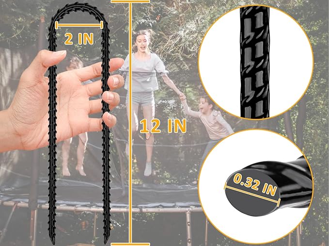 RIY Trampoline Stakes Anchors High Wind 12'' Ground Anchor Heavy Duty Tent Stakes Swing Set Anchors Trampoline Accessories with T Hook - Black 8pcs