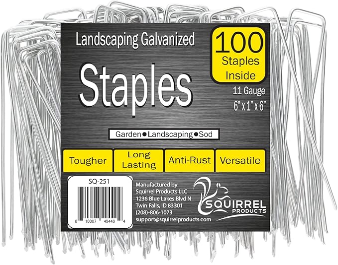 Squirrel Products Galvanized Steel Redrawn Garden Stakes, 6 Inch Lawn Staples, 11 Gauge Stakes, 2.9mm 15x2.5x15cm – 100 Pack