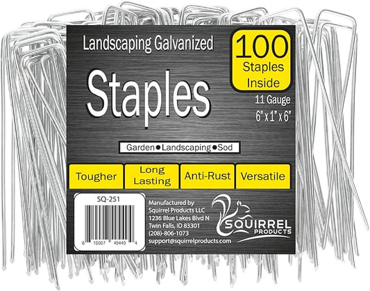 Squirrel Products Galvanized Steel Redrawn Garden Stakes, 6 Inch Lawn Staples, 11 Gauge Stakes, 2.9mm 15x2.5x15cm – 100 Pack