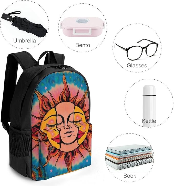 Daypack Polyester Anti-Theft Multipurpose Sun And Moon Art Bookbag Big Capacity Gym Outdoor Hiking Backpack With Adjustable Shoulder Straps