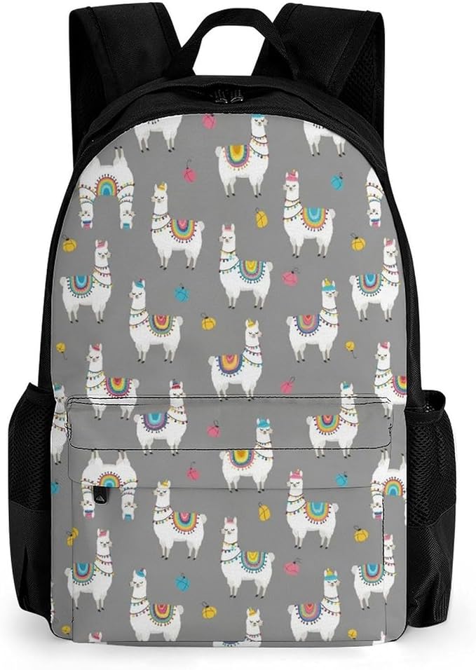 Women Men Polyester Cute Llama Alpaca Casual Daypack Large Capacity Bookbag With Side Pockets for Sports Picnic Walking Cycling