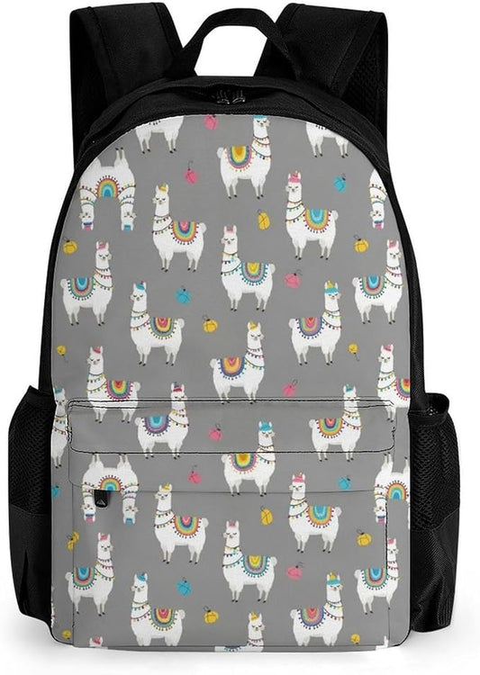 Women Men Polyester Cute Llama Alpaca Casual Daypack Large Capacity Bookbag With Side Pockets for Sports Picnic Walking Cycling