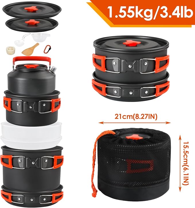 Gutsdoor Camping Cookware Set Camping Gear Campfire Utensils Non-Stick Cooking Equipment Lightweight Stackable Pot Pan Bowls with Storage Bag for Outdoor Hiking