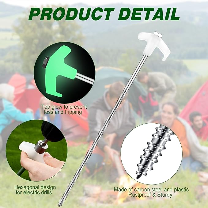 Hicarer 20 Pcs 12 Inch Tent Stakes Screw in Camping Stakes Heavy Duty Metal Spikes Ground Anchor Peg Threaded Tent Spikes with Hex Head Driver for Camping Garden Inflatable (Luminous White)