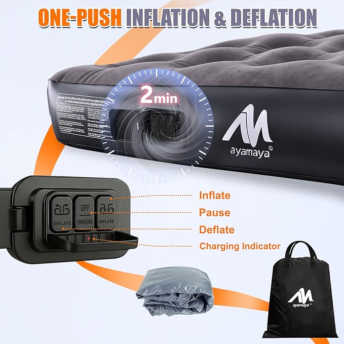 AYAMAYA Truck Bed Air Mattress with Built-in Cordless Rechargeable Pump, Inflatable Mattress with Pillow for 6-6.5ft Full Size Short Truck Beds, Portable Pickup Airbed for Outdoor Camping, Road Trip