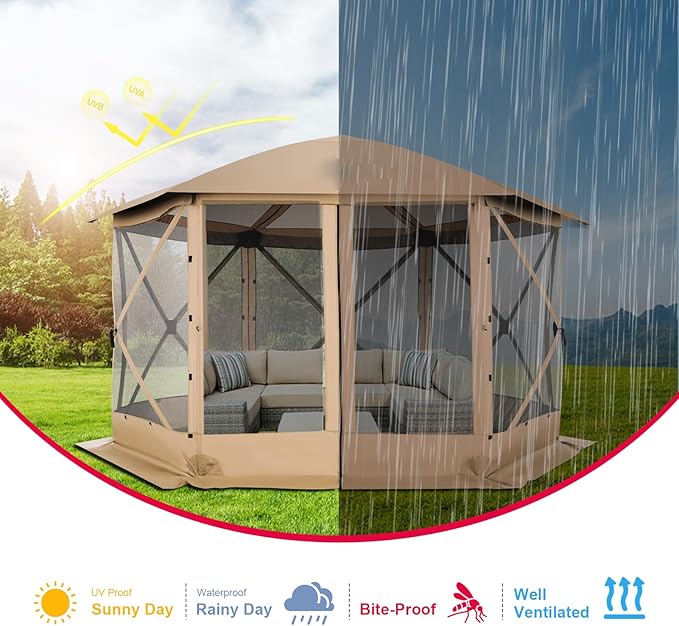 COBIZI 12x12 FT Pop Up Canopy Stargazing Tent, Gazebos On Clearance with Removable Roof,Instant Screened in Gazebo, Screen Tents Portable carpas para Patio for Outdoor Camping,Backyard, Garden,Khaki