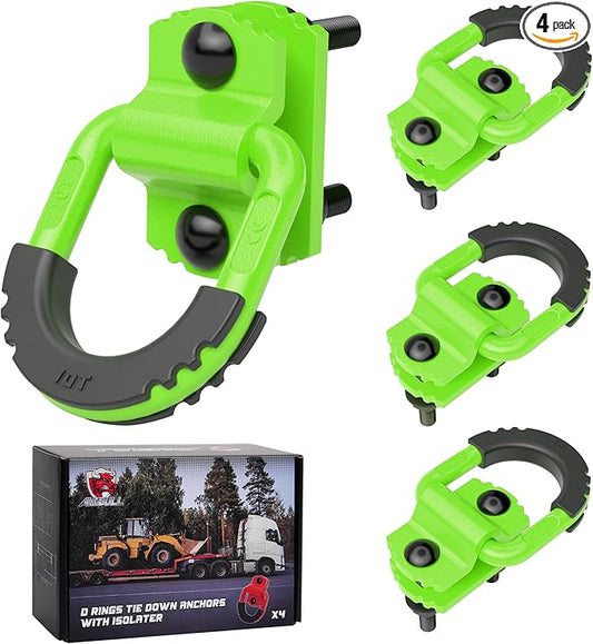 D-Ring Tie Down Anchors with Rubber Isolators, 4 Pack Heavy Duty 10 Ton Capacity Carbon Steel, Bolt-On with Mounting Hardware, Zinc & Powder Coated for Trailer, Truck, Pickup, Garage-Green