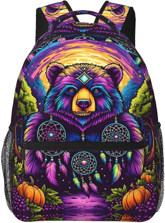 Men Women Polyester Bear Natural Landscape Psychedelic Mysterious Dreamy Art Casual Daypack Large Capacity Carry On Bag With Adjustable Shoulder Straps for Camping Work Running