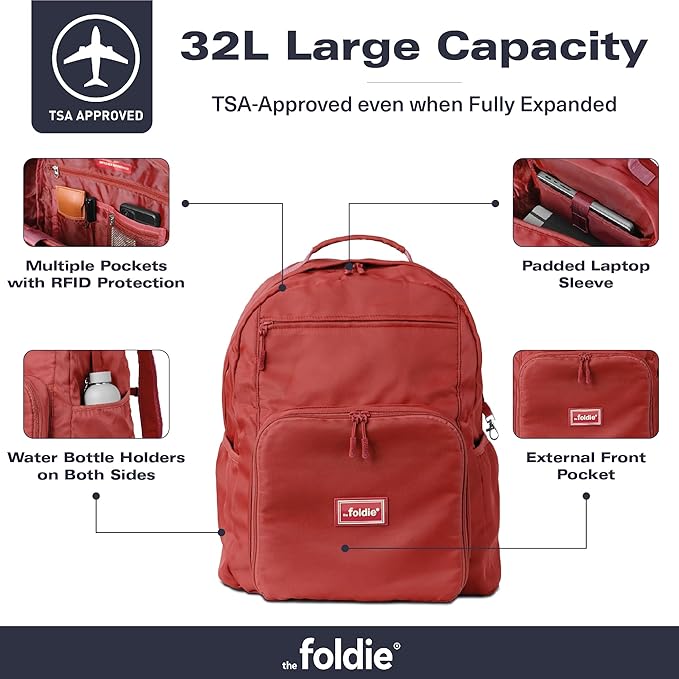 The Foldie Packable Backpack for Travel 32L - Lightweight Foldable Backpacks with Trolly Sleeve & RFID Protection - Water-repellent Casual Daypack Backpacks for Hiking, Camping & Gym - Red