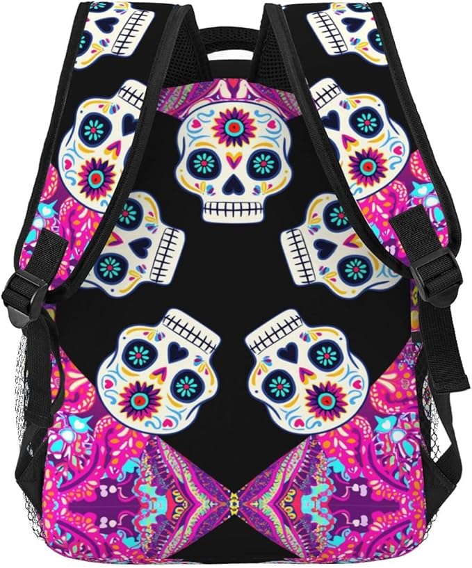 Men Women Lightweight Dead Sugar Skull Flowers Art Backpack Large Capacity Bookbag With Smooth Zippers for Gym Business Running