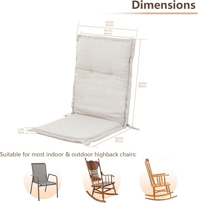 C-Hopetree Indoor High Back Rocking Chair Cushions for Glider and Swivel Rocker, Outdoor Replacement Highback Dining Seat Pads with Back Elastic and Ties, 18" x 42" x 1.5", Beige, Set of 1