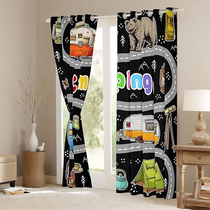 Feelyou Black Rv Camping Camper Curtains for Bedroom Living Room Wildlife Animal Bear Blackout Shades Camping Adventure Room Darkening Curtain Window Treatments, 2 Panels 38 x 54 Inch Decor