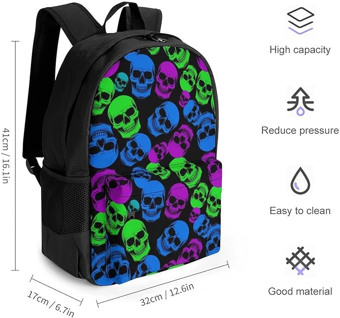 Women Men Polyester Funny Goth Skull Art Casual Daypack Large Capacity Bookbag With Side Pockets for Sports Picnic Walking Cycling