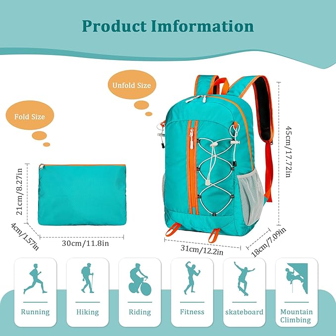 Ultra Lightweight Packable Backpack Water Resistant for Travel Camping Outdoor, 25L, 5 Colors