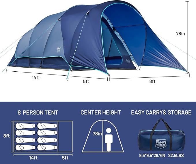 Timber Ridge 8 Person Camping Tent with Large Porch, Portable Waterproof Windproof Family Tent with Rainfly Carry Bag Room Divider, Easy Set-up Tent with Excellent Ventilation for Camping, 3 Season