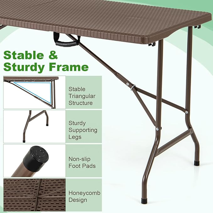 Tangkula 5FT Folding Table, Indoor Outdoor Foldable Plastic Table with Rattan Textured HDPE Tabletop, Sturdy Metal Fame, Carrying Handle, 4-6 Person Picnic Table for Camping BBQ Party