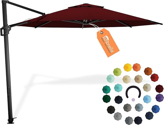 Midtown Umbrellas 10 Ft Outdoor Cantilever Patio Umbrella w/Sunbrella Burgundy Fabric - Tilt 360° Rotate Offset Patio Umbrella, Deck Patio Umbrella, Backyard Umbrella & Garden Umbrella - Black Frame