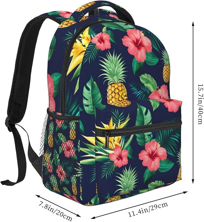 Rucksack Anti-Theft Multipurpose Big Capacity Carry On Bag, Hawaiian Flower Party Pineapple Art Traveling Camping Backpack With Side Pockets