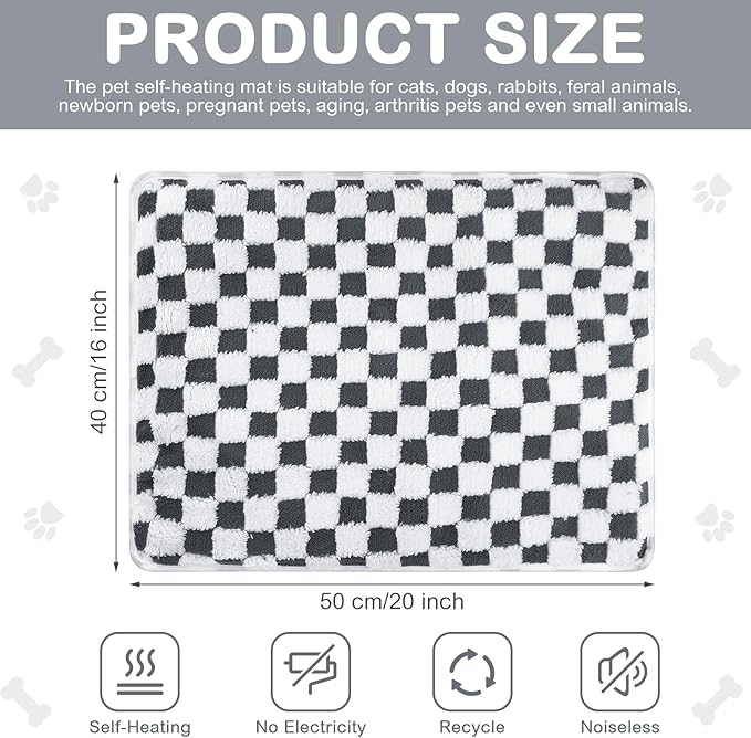2 Pack Self Warming Cat Bed Self Heating Dog Pad Cat Warming Pad Thermal Pet Mat Washable Reflect Body Heat Removable Cover for Indoor Kittens Puppies (Grey White Plaid,16 x 20 Inch)