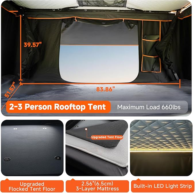 Pioneer Pro Rooftop Tent Hard Shell with USB Outlet, Summer Side Awning, Winter Thermal Liner&Luggage Racks for 4 Season Camping, Aluminum Pop Up 2-3 Person Roof Tent for Truck Jeep SUV Van Trailer