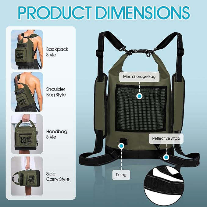 Dry Bag Waterproof,5L/10L/20L/30L Roll Top Dry Bag Backpack with WaterProof Phone Case for Swim,Kayak(GreenBlack 20L)