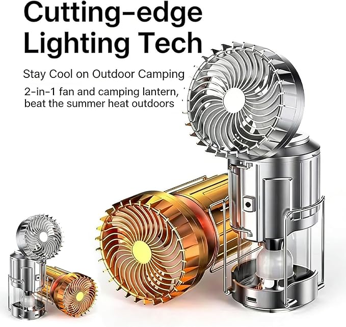 Solar Camping Lantern with Fan, Collapsible LED Lantern USB Rechargeable Solar Powered Camping Light with Phone Charger, Portable Emergency Lantern for Power Outage, Hiking, Tent (Silver)