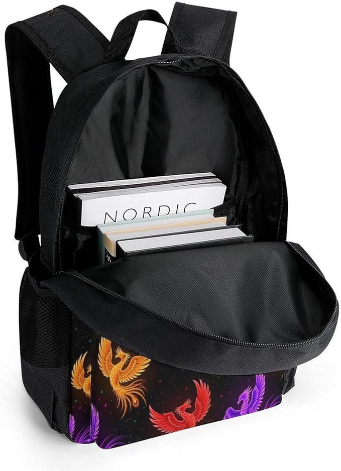 Men Women Polyester Colorful Fire Flame Birds Black Daypack Bookbag Big Capacity Shoulder Bag With Padded Straps for Climbing Travel Walking Cycling
