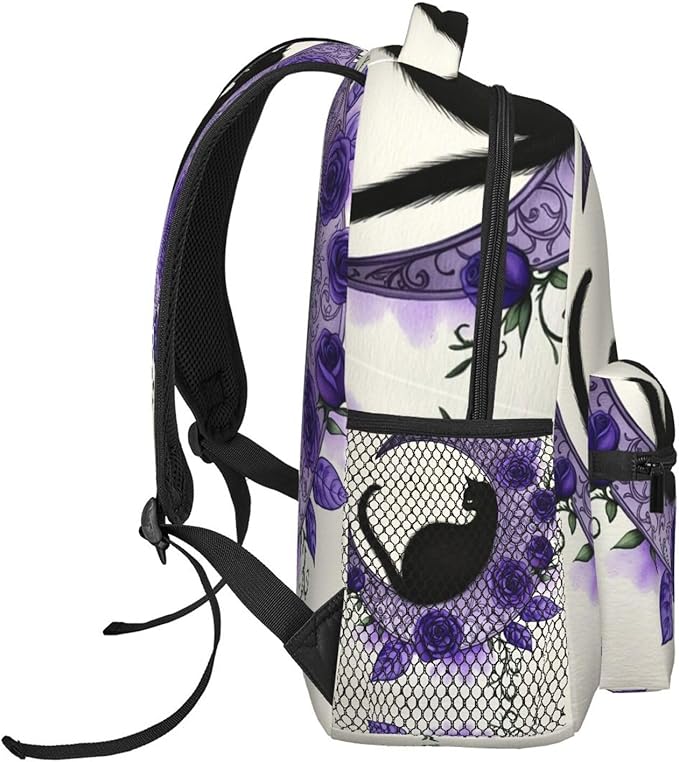 Polyester Daypack Backpack for Climbing Outdoors Running, Big Capacity Multipurpose Anti-Theft Bookbag, Elegant Black Cat Crescent Moon Purple Rose Vine Art Travel Hiking Camping Rucksack